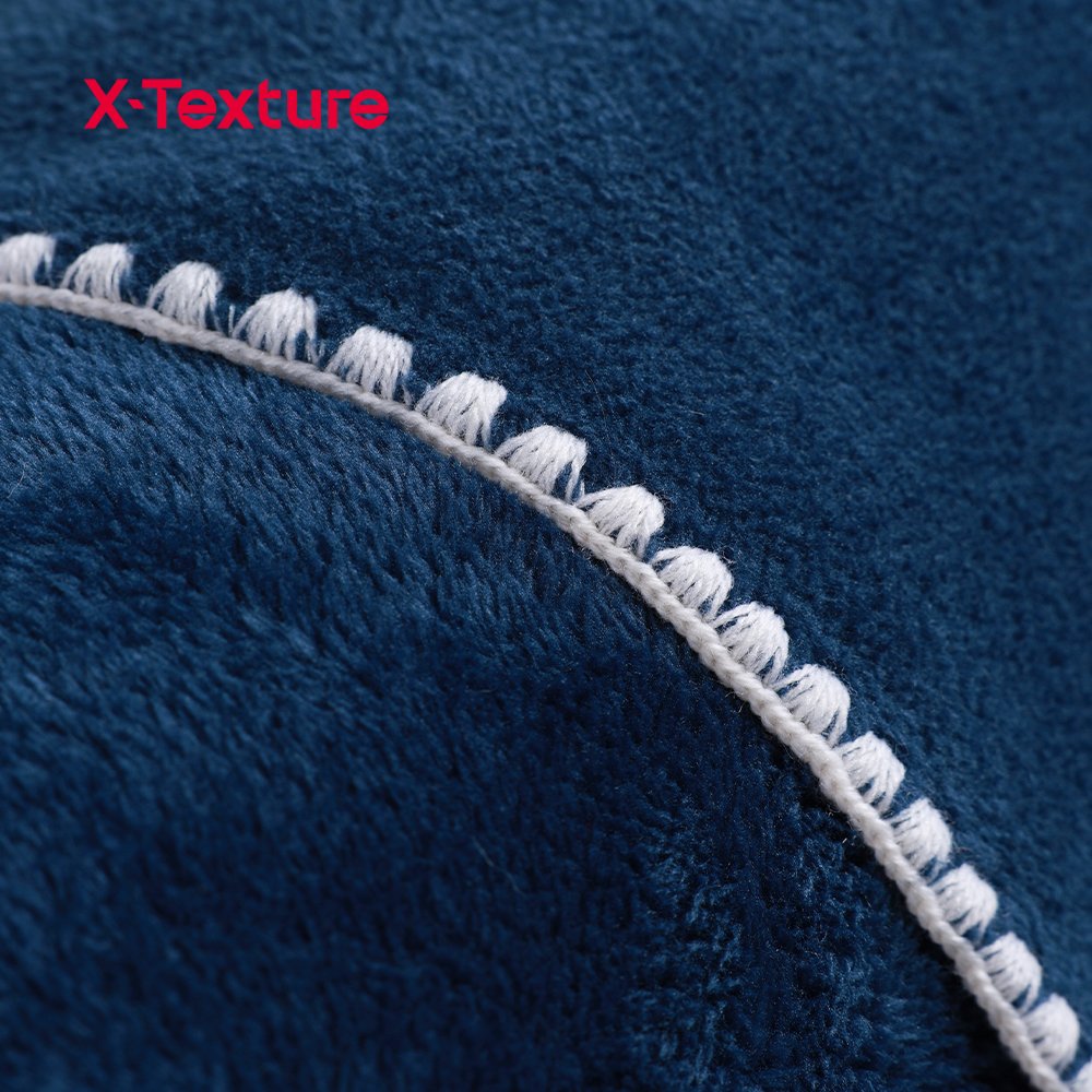 Close-up of navy blue double side fleece fabric with a soft flannel-touch surface.