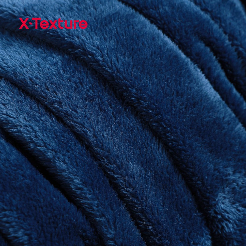 Navy blue double side fleece fabric showing the smooth face and fluffy reverse texture.