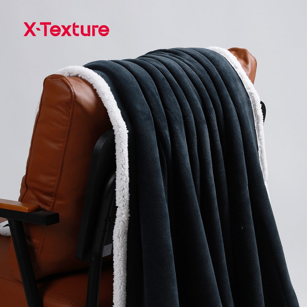 Black flannel and white sherpa fleece fabric draped over a chair.